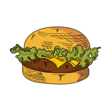 Drawing, engraving, ink, line art, vector illustration delicious burger with cheese and lettuce colored sketch in silhouette on a white background.のイラスト素材