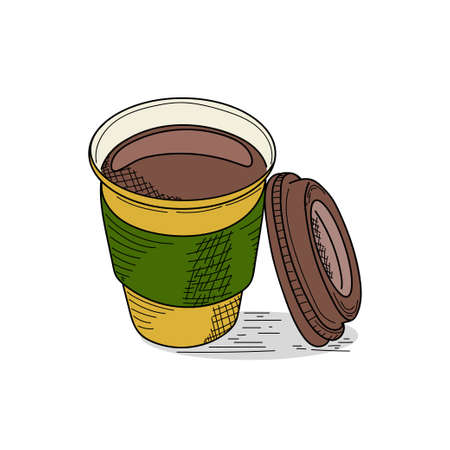Drawing, engraving, ink, line art, vector illustration coffee cup take away colored sketch in silhouette on a white background.のイラスト素材