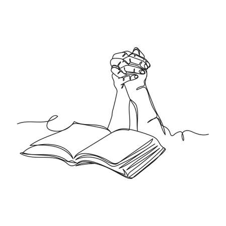 Continuous one line drawing of religious hand praying with bible in silhouette on a white background. Linear stylized.のイラスト素材