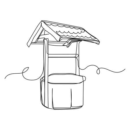 Continuous one line drawing of well village concept in silhouette on a white background. Linear stylized.のイラスト素材