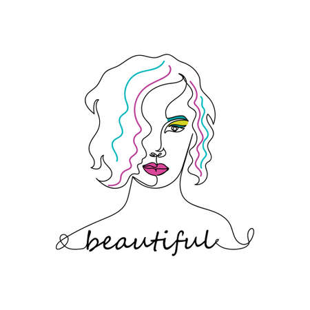 Vector continuous one single line drawing of abstract beautiful curly hair girl woman in silhouette on a white background. Linear stylized.のイラスト素材