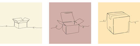 Vector continuous one single line drawing of set vector of cardboard box in silhouette on a white...