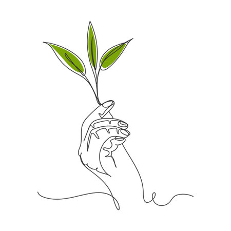 Continuous one line drawing of hand with young plant ecology concept in silhouette on a white background. Linear stylized.のイラスト素材