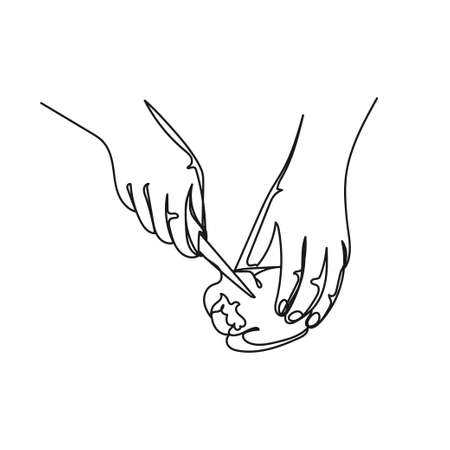 Vector continuous one single line drawing icon of chef hands slicing bell pepper cooking concept in silhouette on a white background. Linear stylized.のイラスト素材