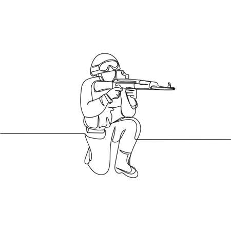 Vector continuous one single line drawing icon of soldier in silhouette on a white background. Linear stylized.のイラスト素材