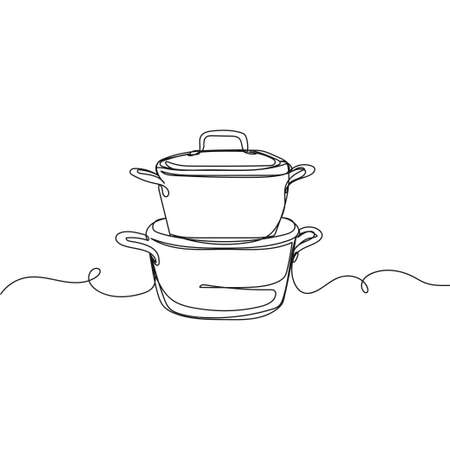 Vector continuous one single line drawing icon of set of saucepans in silhouette on a white background. Linear stylized.のイラスト素材