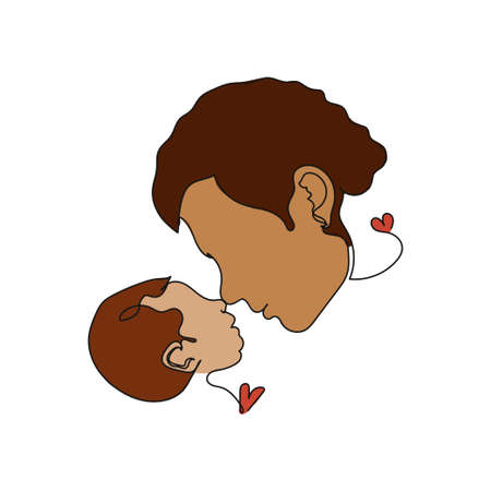 Vector continuous one single line drawing icon of father face and newborn baby face fathers day concept in silhouette on a white background. Linear stylized.のイラスト素材