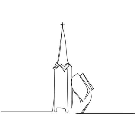 Vector continuous one single line drawing icon of christian old church in silhouette on a white background. Linear stylized.のイラスト素材