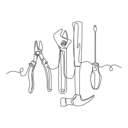 Vector continuous one single line drawing icon of different tools in silhouette on a white background. Linear stylized.のイラスト素材