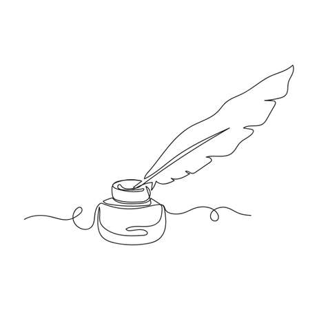 Vector continuous one single line drawing icon of feather quill ink pen into the inkwell in silhouette on a white background. Linear stylized.のイラスト素材