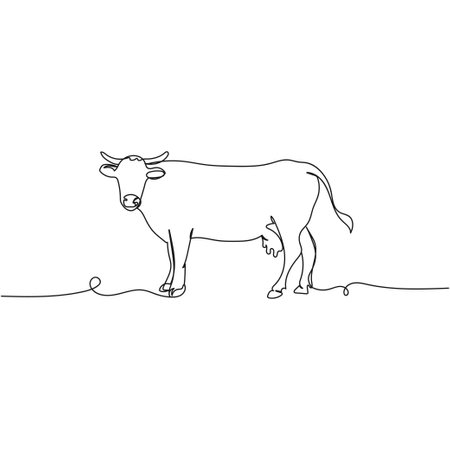 Vector continuous one single line drawing icon of cow milk farm concept in silhouette on a white background. Linear stylized.のイラスト素材