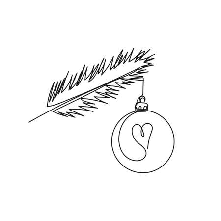 Vector continuous one single line drawing icon of christmas tree with ball bauble in silhouette on a white background. Linear stylized.のイラスト素材