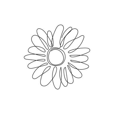 Vector continuous one single line drawing icon of chamomile in silhouette on a white background. Linear stylized.のイラスト素材