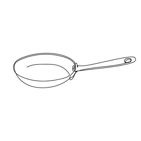 Vector continuous one single line drawing icon of frying pan in silhouette on white background. Linear stylized.のイラスト素材