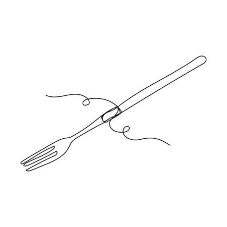 Vector continuous one single line drawing icon of fork in silhouette on white background. Linear stylized.のイラスト素材