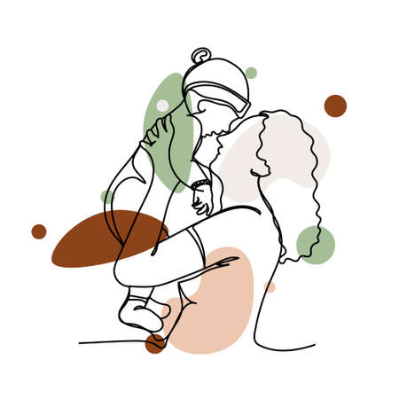 Vector abstract continuous one single simple line drawing icon of mother with adorable baby Happy Mother day concept in silhouette sketch. Perfect for greeting cardsのイラスト素材
