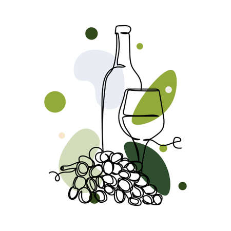 Vector abstract continuous one single simple line drawing icon of glass of wine a bunch of grapes in silhouette sketch. Perfect for greeting cardsのイラスト素材
