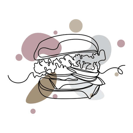 Vector abstract continuous one single simple line drawing icon of burger fast food in silhouette sketch. Perfect for greeting cardsのイラスト素材
