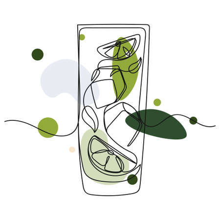 Vector abstract continuous one single simple line drawing icon of mint lime ice cocktail in silhouette sketch.のイラスト素材
