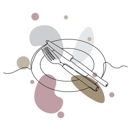 Vector abstract continuous one single simple line drawing icon of beautiful table setting in silhouette sketch.のイラスト素材
