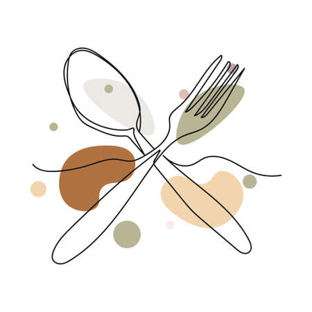 Vector abstract continuous one single simple line drawing icon of fork and a spoon in silhouette sketch.のイラスト素材