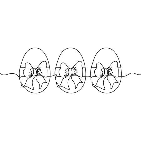 Continuous one simple single line drawing of easter eggs with bows icon in silhouette on a white background. Linear stylized.のイラスト素材