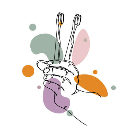 Continuous one simple single line drawing of hand holding with teeth brush icon in silhouette on a white background. Linear stylized.のイラスト素材