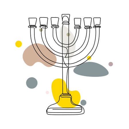 Continuous one simple single line drawing of hanukkah menorah icon in silhouette on a white background. Linear stylized.のイラスト素材