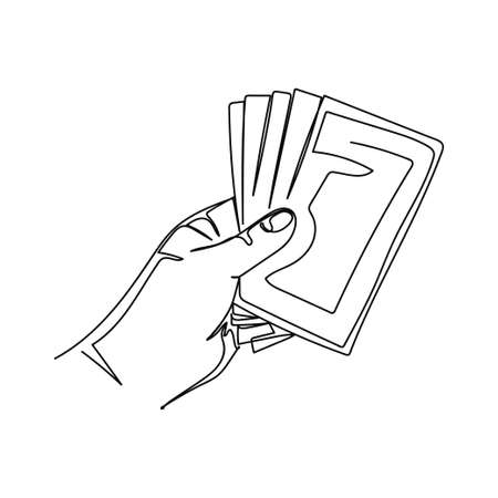Continuous one simple single abstract line drawing of hand holding banknotes icon in silhouette on a white background. Linear stylized.のイラスト素材