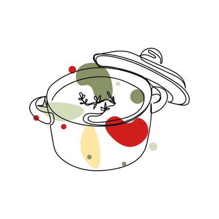 Continuous one simple single abstract line drawing of soup in bowl icon in silhouette on a white background. Linear stylized.のイラスト素材