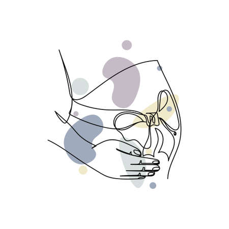 Continuous one simple single abstract line drawing of pregnant woman with ribbon tie bow icon in silhouette on a white background. Linear stylized.のイラスト素材
