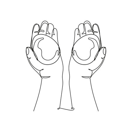 Continuous one simple single abstract line drawing of hands holding easter eggs icon in silhouette on a white background. Linear stylized.のイラスト素材