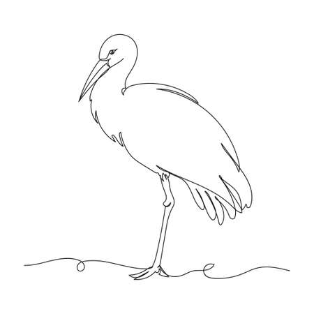 Continuous one simple single abstract line drawing of stork stands portrait icon in silhouette on a white background. Linear stylized.のイラスト素材