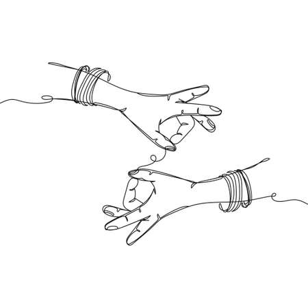 Continuous one simple single abstract line drawing of beautiful indian woman hands in silhouette on a white background. Linear stylized.のイラスト素材