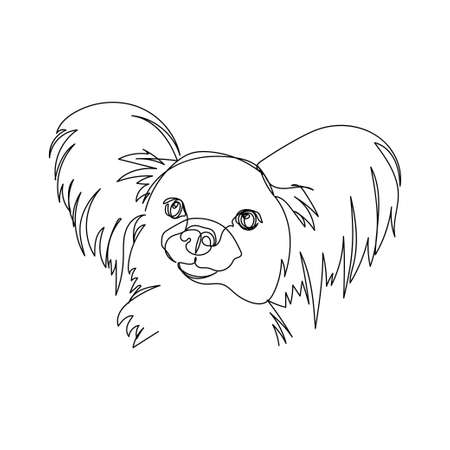 Continuous one simple single abstract line drawing of papillon dog portrait in silhouette on a white background. Linear stylized.のイラスト素材