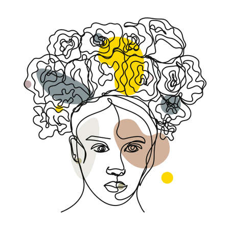 Continuous one simple single abstract line drawing of woman with flower head in silhouette on a white background. Linear stylized.のイラスト素材