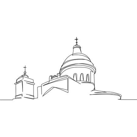 Continuous one simple single abstract line drawing of lavra church in silhouette on a white background. Linear stylized.のイラスト素材