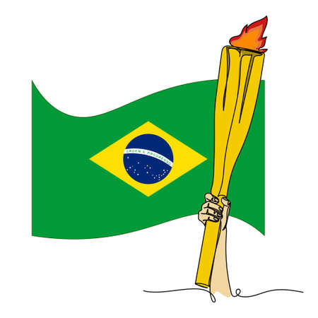 Continuous one simple single abstract line drawing of flame handover ceremony  with Brazil flag icon in silhouette on a white background. Linear stylized.のイラスト素材