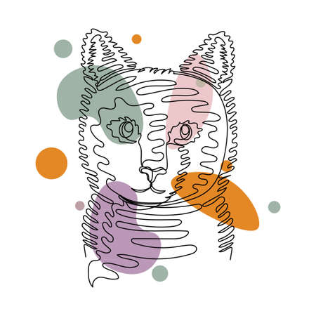 Continuous one simple single abstract line drawing of cute beautiful cat kitty portrait animal concept icon in silhouette on a white background. Linear stylized.のイラスト素材