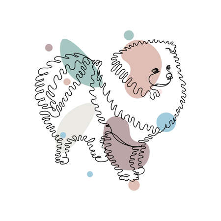 Continuous one simple single abstract line drawing of cute beautiful pomeranian dog portrait animal concept icon in silhouette on a white background. Linear stylized.のイラスト素材