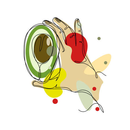 Continuous one simple single abstract line drawing of hand holding avocado icon in silhouette on a white background. Linear stylized.のイラスト素材