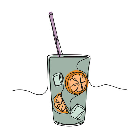 Vector abstract continuous one single simple line drawing icon of fresh cold cocktail in silhouette sketch.のイラスト素材