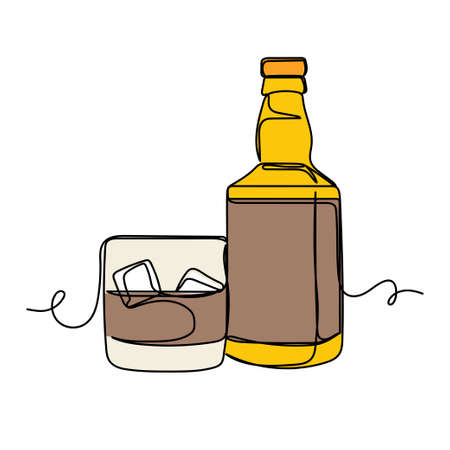 Vector abstract continuous one single simple line drawing icon of glass and bottle of whiskey in silhouette sketch. Perfect for greeting cardsのイラスト素材