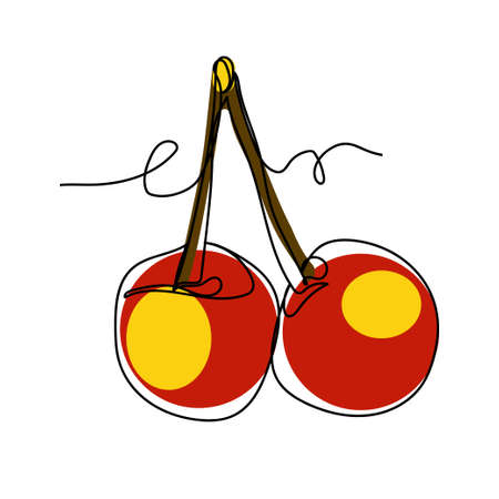 Vector abstract continuous one single simple line drawing icon of cherry fruit in silhouette sketch. Perfect for greeting cardsのイラスト素材