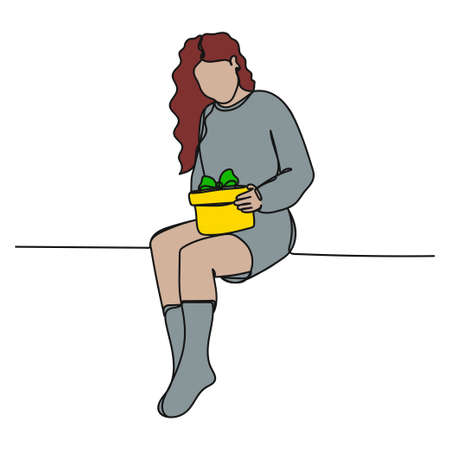 Vector abstract continuous one single simple line drawing icon of girl sitting opens christmas gifts in silhouette sketch.のイラスト素材