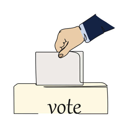 Vector abstract continuous one single simple line drawing icon of hand with voting ballot and box in...