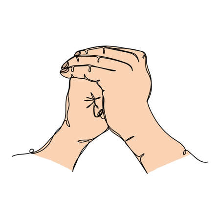 Continuous one simple single line drawing of religious hands praying icon sketch in silhouette on a white background. Linear stylized.のイラスト素材