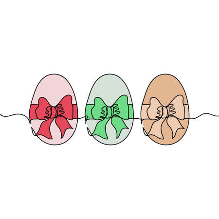 Continuous one simple single line drawing of easter eggs with bows icon in silhouette on a white background. Linear stylized.のイラスト素材