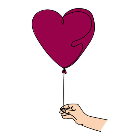 Continuous one simple single line drawing of hand holding heart balloon icon in silhouette on a white background. Linear stylized.のイラスト素材