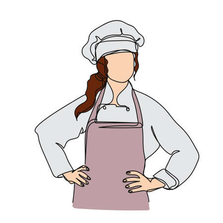 Continuous one simple single abstract line drawing of female chef icon in silhouette on a white background. Linear stylized.のイラスト素材